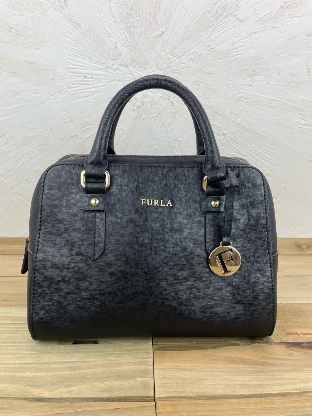 Vintage Y2K FURLA Black Pebbled Leather Doctors Bag Satchel